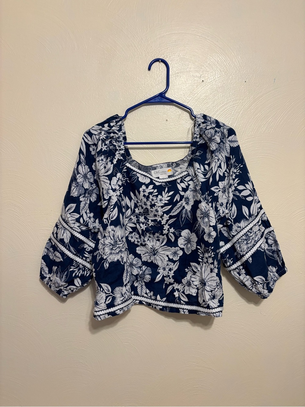 🌺 C&C California 100% Linen Blue Floral Peasant Boho Crop Blouse Large